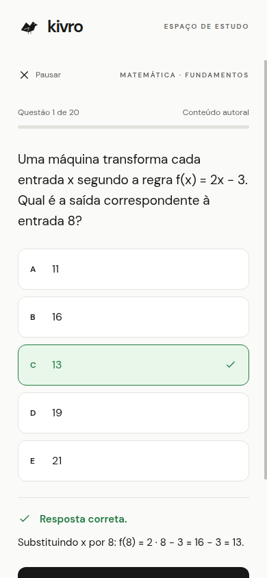 Tela real do Kivro após uma resposta correta, com explicação passo a passo da questão.